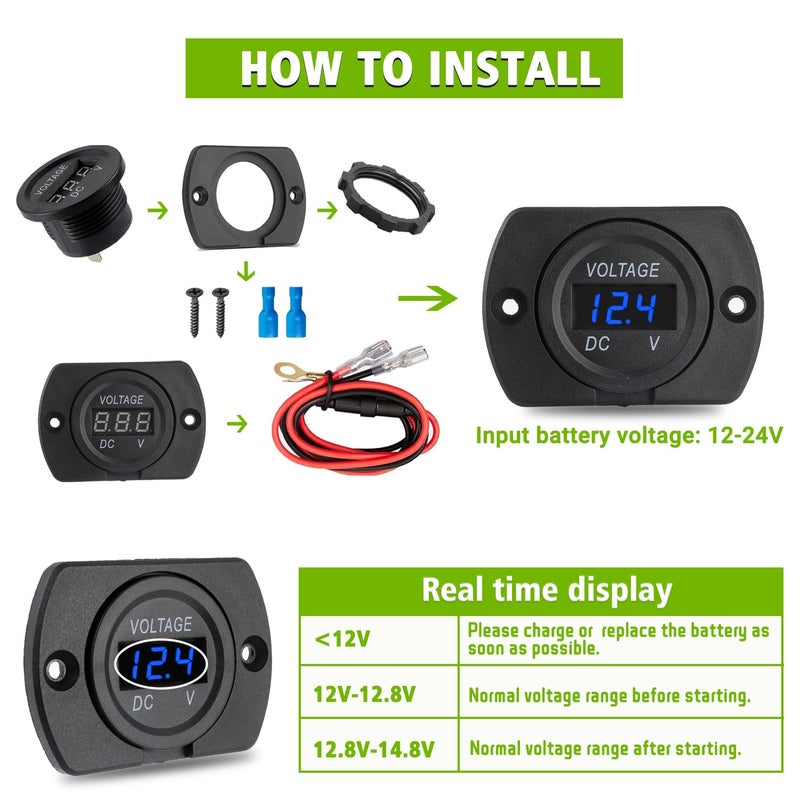 EPLZON 2 Pack DC 12V 24V Waterproof Car Voltmeter with Blue LED Digital Display Panel and Mounting Plate Round Voltage Gauge Meter with Terminal for Boat Marine Motorcycle Truck(Blue Light) - Image 3